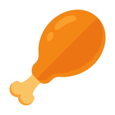 Pişmiş tavuk bacağının basit, düz bir çizimi. Tavuk canlı turuncu bir renktir ve daha koyu turuncu renkte gösterilir. Kemik turuncu gölgeli açık sarı bir renktir. Nesne beyaz bir arkaplanda izole edilmiştir.