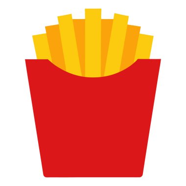 Kırmızı bir karton içinde patates kızartmasının basit bir grafik çizimi. Patates kızartmaları kırmızı kabın tepesinden yayılan sarı ve turuncu çubuklar olarak tasvir edilir. Arkaplan beyaz.