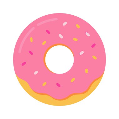 Ortasında delik olan pembe şekerli bir çöreğin düz bir çizimi. Donutun pembe kremanın altında parlak turuncu bir jöle vardır ve dağınık oval şekilli pembe, açık pembe ve sarı tonlarda serpiştirilmiştir. Arka plan...