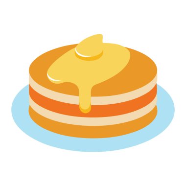 Açık mavi bir tabakta üç krep yığınının düz tasarım çizimi. Krepler turuncu ve bej renkleri değişen katmanlarla kaplı. Altın sarısı şurup yan taraftaki gözlemeden damlıyor. Arkaplan beyaz.