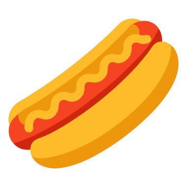 Beyaz arka planda bir sosislinin düz grafik çizimi. Çörek sıcak sarı bir renktir ve sosis canlı bir kırmızıdır. Sosisin üzerine dalgalı bir sarı hardal serpiştirilmiş. Görüntü basit şekiller ve kalın renkler kullanır.