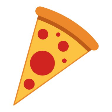 Bir dilim pizzanın düz grafik çizimi. Kabuğu turuncu ve kahverengidir. Peynir parlak sarıdır ve kırmızı halkalar pepperoniyi temsil eder. Dilim beyaz bir arkaplanda izole edilmiş..