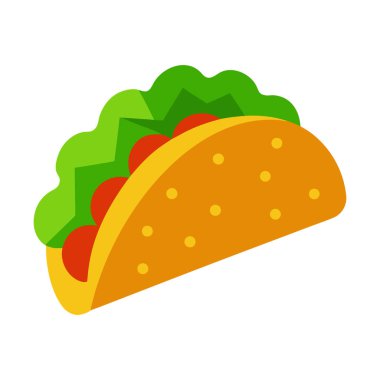 Beyaz arka planda bir taco 'nun düz tasarım çizimi. Tako kabuğu turuncu ve sarı benekli. İçinde yeşil marul ve kırmızı domates parçaları var. Biçim basit ve kalın renklerle grafiktir.