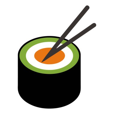 Suşi rulosunun basit bir grafik çizimi. Yuvarlak siyah bir dış katman, yeşil bir katman, beyaz bir katman ve turuncu bir merkezden oluşur. Ekranın üst kısmına iki tane koyu gri çubuk yerleştiriliyor. Resim beyaz bir arkaplanda izole edilmiştir.