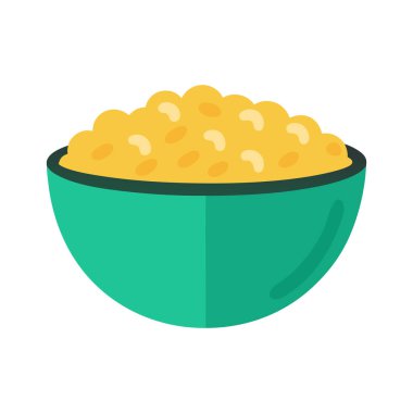 Düz bir tasarım, sarı pirinçle dolu bir deniz mavisi kasesini gösteriyor. Pirincin içinde küçük, açık renkli kaju parçaları karıştırılır. Kâsenin koyu yeşil bir kenarı var. Arkaplan beyaz.