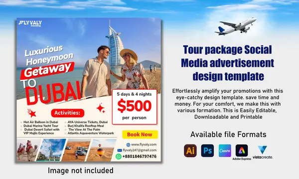 Profesyonel olarak tasarlanmış bu tur paketi reklam şablonuyla gezginleri cezbetmek, tatil anlaşmalarını, seyahat paketlerini ve macera kaçamaklarını desteklemek için mükemmel. Dijital ve baskı pazarlama için özelleştirilmesi kolay ve ideal.