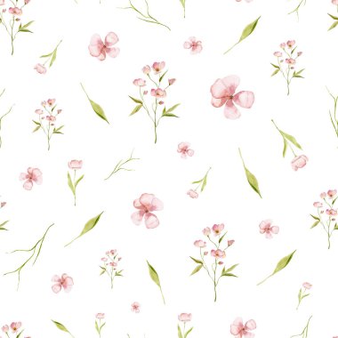 Suluboya kusursuz çiçek desenli romantik pembe çiçekler ve yeşil yapraklar. Bu romantik ve kadınsı tasarım düğün davetiyeleri, kumaş tasarımı, duvar kağıdı, tebrik kartları, hediye paketi ve diğer yaratıcı projeler için mükemmeldir.. 