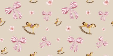 Çocuk Dekoru İçin El Boyalı Çocuklar Dekorasyonu Zarif Resimli Sallanan Atlar, Pembe & Beyaz Çizgili Yaylar, ve Yumuşak Bej Arkaplan Üzerinde Zarif Pembe Çiçekler, Duvar Kağıdı, Fabrika ve Çocuk Giyimi Projeleri İçin Mükemmel