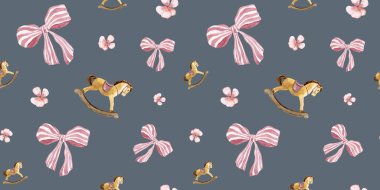 Çocuk Dekoru İçin El Boyalı Çocuklar Şablonu Zarif Resimli Sallanan Atlar, Pembe & Beyaz Çizgili Yaylar, ve Koyu Mavi Arkaplan Üzerinde Zarif Pembe Çiçekler, Duvar Kağıdı, Kumaş ve Çocuk Giyimi Projeleri İçin Mükemmel