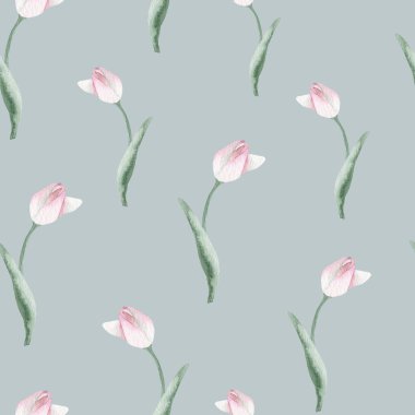 Açık Mavi Arkaplanda Zarif Pembe ve Yeşil lalelerin yer aldığı, Zarif Ev ve Moda Dekorasyonu İçin El Boyalı Suluboya Lale Şablonu; Duvar Kağıdı, Tekstil Baskısı, Kırtasiye ve Grafik Tasarım Projeleri İçin Mükemmel