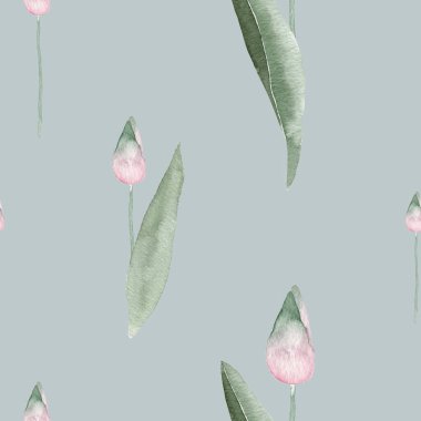 Açık Mavi Arkaplanda Zarif Pembe ve Yeşil lalelerin yer aldığı, Zarif Ev ve Moda Dekorasyonu İçin El Boyalı Suluboya Lale Şablonu; Duvar Kağıdı, Tekstil Baskısı, Kırtasiye ve Grafik Tasarım Projeleri İçin Mükemmel