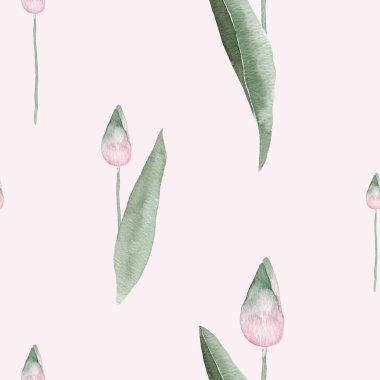 Açık Pembe Arkaplan Üzerinde Zarif Pembe ve Yeşil lalelerin yer aldığı, Zarif Ev ve Moda Dekorasyonu İçin El Boyalı Suluboya Lale Şablonu; Duvar Kağıdı, Tekstil Baskısı, Kırtasiye ve Grafik Tasarım Projeleri İçin Mükemmel
