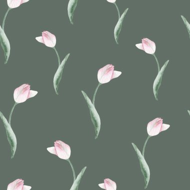 Koyu yeşil bir zemin üzerinde zarif pembe ve yeşil lalelerin yer aldığı el boyalı suluboya lale deseni; Duvar kağıdı, tekstil baskısı, kırtasiye malzemesi ve grafik tasarım projeleri için mükemmel