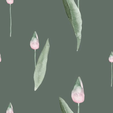 Koyu yeşil bir zemin üzerinde zarif pembe ve yeşil lalelerin yer aldığı el boyalı suluboya lale deseni; Duvar kağıdı, tekstil baskısı, kırtasiye malzemesi ve grafik tasarım projeleri için mükemmel