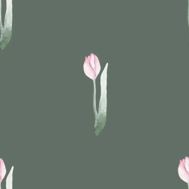 Koyu yeşil bir zemin üzerinde zarif pembe ve yeşil lalelerin yer aldığı el boyalı suluboya lale deseni; Duvar kağıdı, tekstil baskısı, kırtasiye malzemesi ve grafik tasarım projeleri için mükemmel