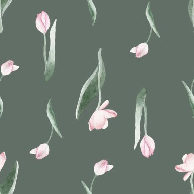 Koyu yeşil bir zemin üzerinde zarif pembe ve yeşil lalelerin yer aldığı el boyalı suluboya lale deseni; Duvar kağıdı, tekstil baskısı, kırtasiye malzemesi ve grafik tasarım projeleri için mükemmel