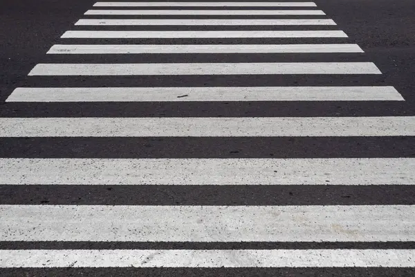 Zebra asfalt bir yolda geçiyor, beyaz boyalı şeritler ve koyu asfalt yüzeyi arasındaki kontrastı gösteriyor..