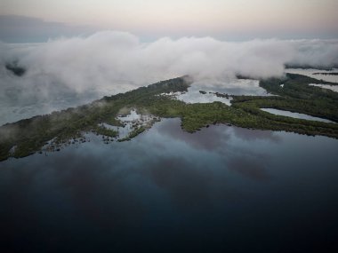Anavilhanas Takımadaları, Amazonlar, Brezilya 'daki yeşil Amazon yağmur ormanlarına, bulutlara, adalara ve nehre güzel hava manzarası