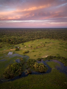 Brezilya Pantanal, Mato Grosso do Sul, Brezilya 'da göl ve gün batımına güzel bir hava manzarası