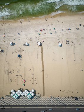 Beautiful top down view to sidewalk and Copacabana beach with wet sand line for hot sunny days, Rio de Janeiro, Brazil