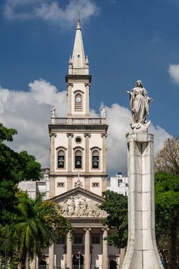Beautiful city view to white statue monument and old historic church, Rio de Janeiro, Brazil