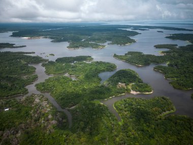 Beautiful aerial drone view to large rivers and green rainforest in the Brazilian Amazon clipart