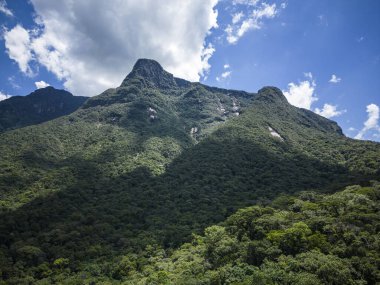 Guaraqueaba, Paran, Brezilya 'daki yeşil yağmur ormanı dağlarının güzel hava manzarası.