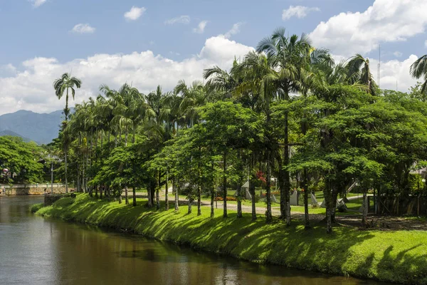 Beautiful view to green area and city river in small town Morretes, Paran, Brazil.