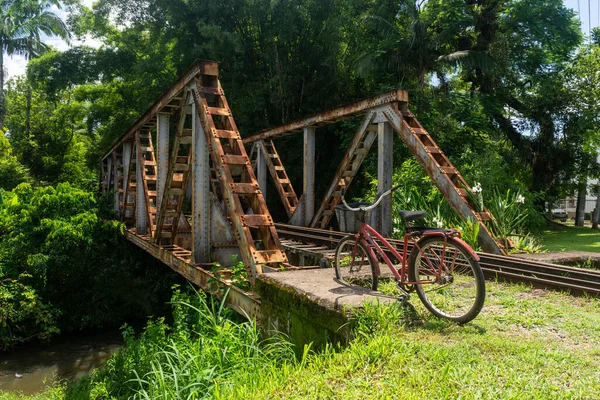 Beautiful View Old Historic Iron Railroad Tracks Bridge Green Rainforest — Stock Photo, Image
