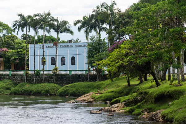 Bela Vista Para Edifício Igreja Azul Rio Verde Pequena Cidade — Fotografia de Stock