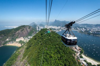Sugar Loaf teleferiğinden yeşil dağlara ve şehir binalarına, Rio de Janeiro, Brezilya