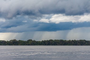 Beautiful view to rain falling over green rainforest and river in the Brazilian Amazon, Amazonas, Brazil