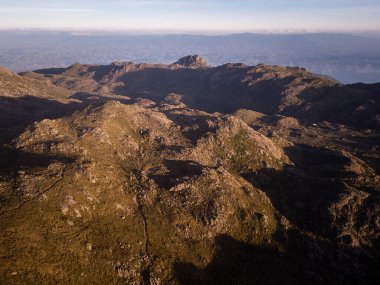 Beautiful aerial drone view to rocky mountains and altitude fields in Itatiaia National Park, Rio de Janeiro, Brazil