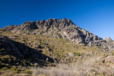 Beautiful aerial view to rocky mountain and altitude fields in Itatiaia National Park, Rio de Janeiro, Brazil