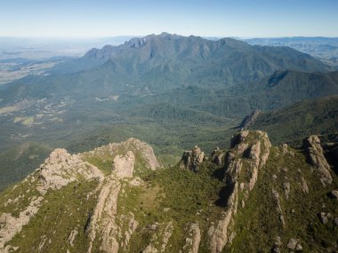 Beautiful aerial drone view to rocky mountains and altitude fields in Itatiaia National Park, Rio de Janeiro, Brazil