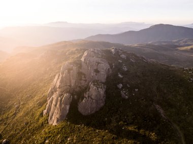 Beautiful aerial drone view to rocky mountains and altitude fields in Itatiaia National Park, Rio de Janeiro, Brazil