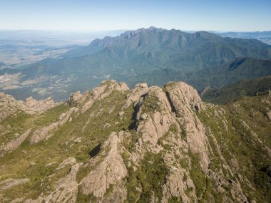 Beautiful aerial drone view to rocky mountains and altitude fields in Itatiaia National Park, Rio de Janeiro, Brazil