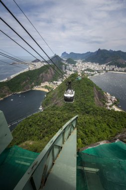 Sugar Loaf teleferiğinden yeşil yağmur ormanları dağlarına, Rio de Janeiro, Brezilya 'daki okyanus ve şehre kadar güzel bir manzara.