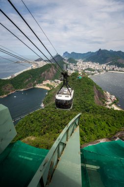 Sugar Loaf teleferiğinden yeşil yağmur ormanları dağlarına, Rio de Janeiro, Brezilya 'daki okyanus ve şehre kadar güzel bir manzara.