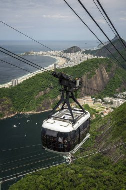 Sugar Loaf teleferiğinden yeşil yağmur ormanları dağlarına, Rio de Janeiro, Brezilya 'daki okyanus ve şehre kadar güzel bir manzara.