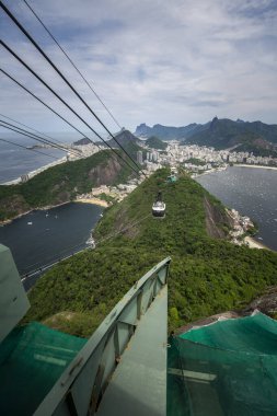 Sugar Loaf teleferiğinden yeşil yağmur ormanları dağlarına, Rio de Janeiro, Brezilya 'daki okyanus ve şehre kadar güzel bir manzara.