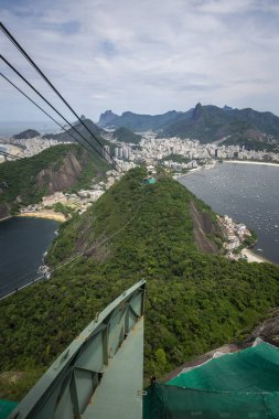 Sugar Loaf teleferiğinden yeşil yağmur ormanları dağlarına, Rio de Janeiro, Brezilya 'daki okyanus ve şehre kadar güzel bir manzara.