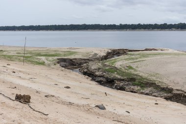 Amazon, Anavilhanas Ulusal Parkı, Amazonlar Eyaleti, Brezilya 'da şiddetli kuraklık sırasında görülen Negro Nehri kıyısındaki kumsal.