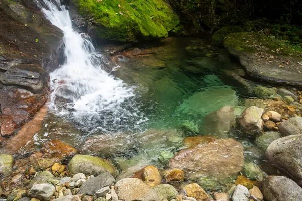 stock image Beautiful view to green waterfall in Atlantic Rainforest mountain, Serrinha do Alambari, Rio de Janeiro, Brazil