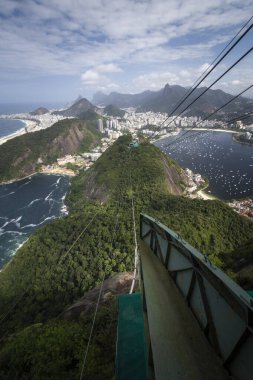 Sugar Loaf Mountain teleferiğinden yeşil yağmur ormanlarına, okyanus ve şehre, Rio de Janeiro, Brezilya