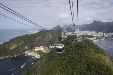 Sugar Loaf Mountain teleferiğinden yeşil yağmur ormanlarına, okyanus ve şehre, Rio de Janeiro, Brezilya