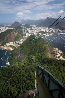 Sugar Loaf Mountain teleferiğinden yeşil yağmur ormanlarına, okyanus ve şehre, Rio de Janeiro, Brezilya