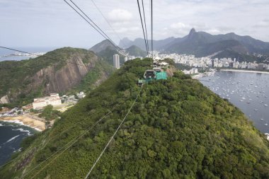Sugar Loaf Mountain teleferiğinden yeşil yağmur ormanlarına, okyanus ve şehre, Rio de Janeiro, Brezilya
