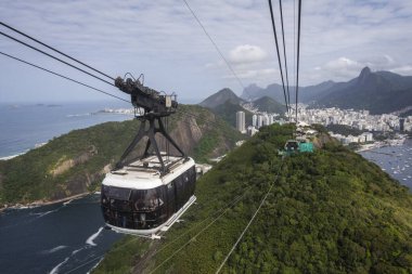 Sugar Loaf Mountain teleferiğinden yeşil yağmur ormanlarına, okyanus ve şehre, Rio de Janeiro, Brezilya
