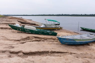 RDS Rio Negro, Amazonas, Brezilya, Tiririca nehir kenarındaki sahil kesiminde tekneler